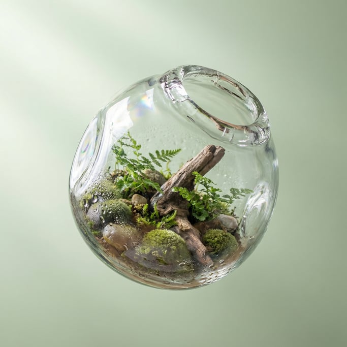 Crystal terrarium orb floating at a slight tilt — hand-blown glass sphere with visible tool marks at