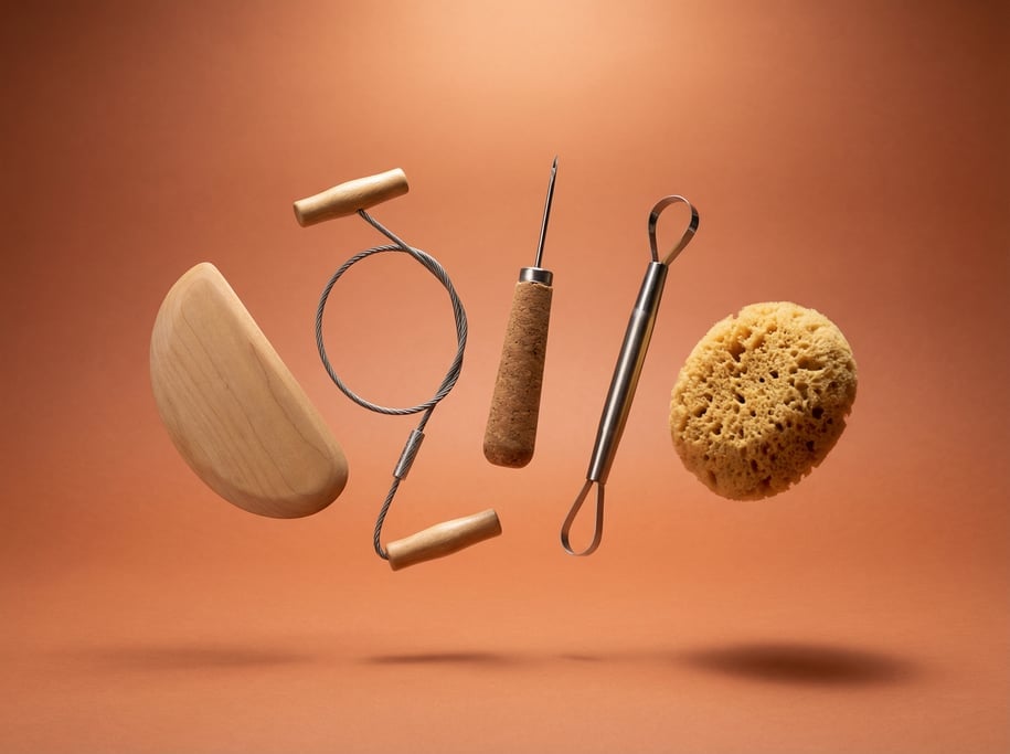 Collection of pottery tools floating together — a wooden rib in smooth maple