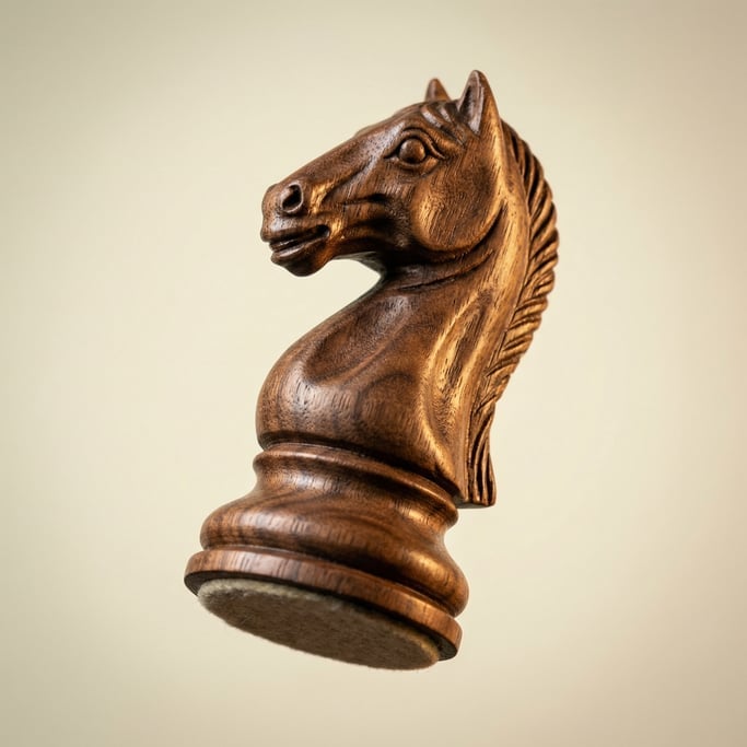 Hand-carved chess knight floating center frame — crafted from dark walnut with visible wood grain ru
