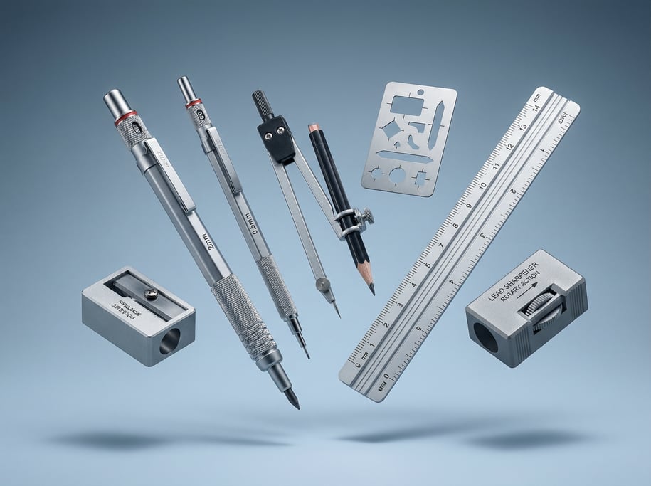 Set of mechanical pencils and drafting tools floating in an organized spread — two lead holders in d