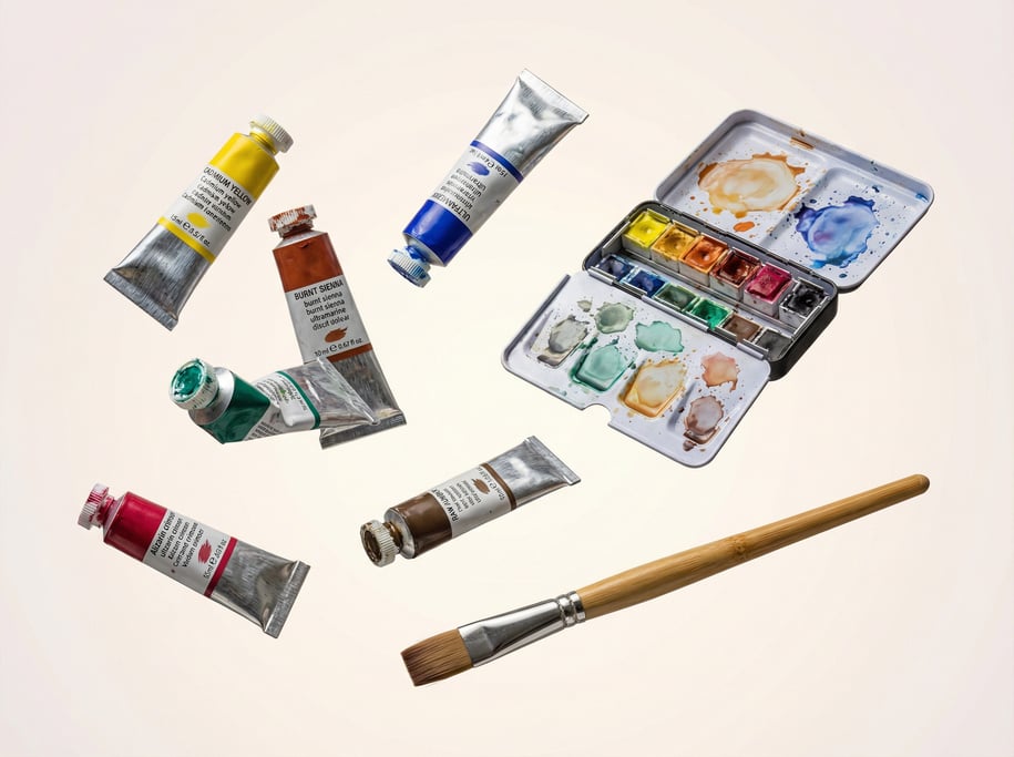 Collection of watercolor paint tubes and pans floating together — six squeezed aluminum tubes with c