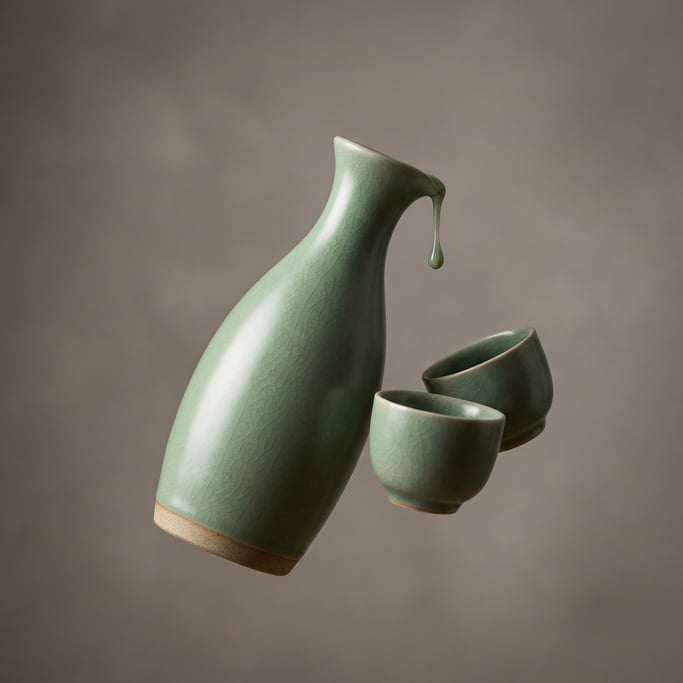 Ceramic sake carafe in a graceful elongated form floating at a delicate angle — matte celadon glaze