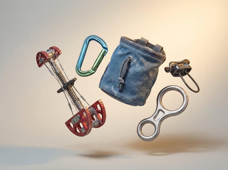 Rock climbing gear floating in a curated arrangement — a spring-loaded cam device in anodized red an