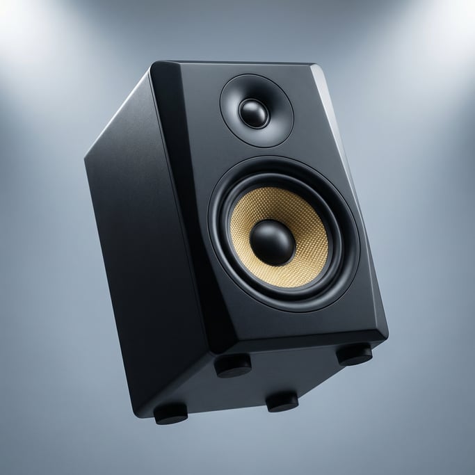 Studio monitor speaker floating at a slight angle — the cabinet in matte black with chamfered edges