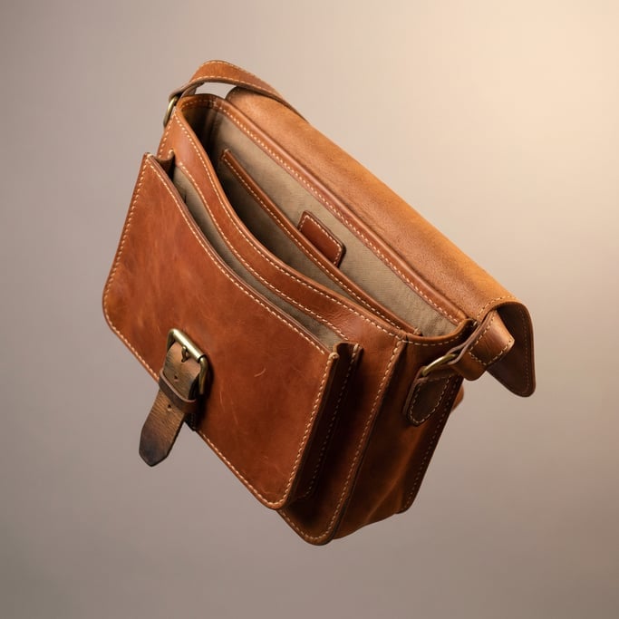 Leather messenger bag floating and rotated to show its construction — the main flap in full-grain ve