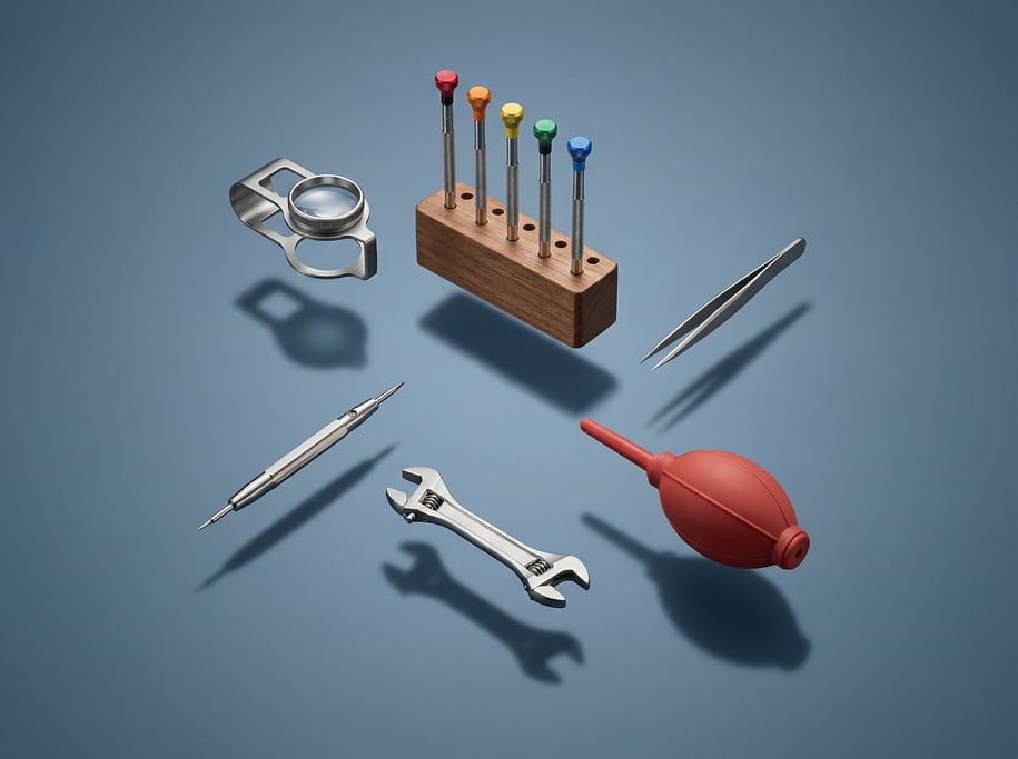 Collection of watchmaking tools floating in a precise arrangement — a loupe with metal housing