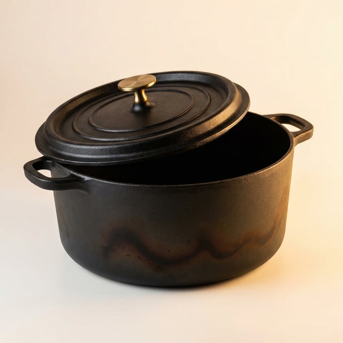 Cast iron Dutch oven floating with the lid slightly lifted and offset — the classic round shape in m