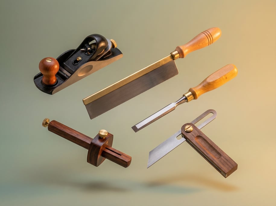 Woodworking hand tools floating as a curated set — a block plane in ductile iron with a cherry wood