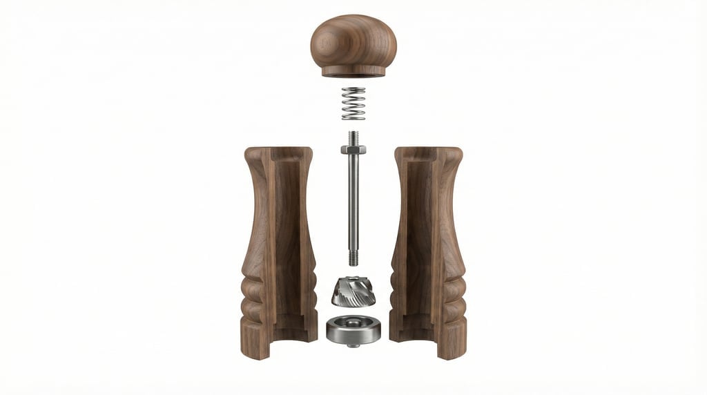 Exploded-view 3D render of a wooden pepper mill — the outer walnut body split in half showing the in