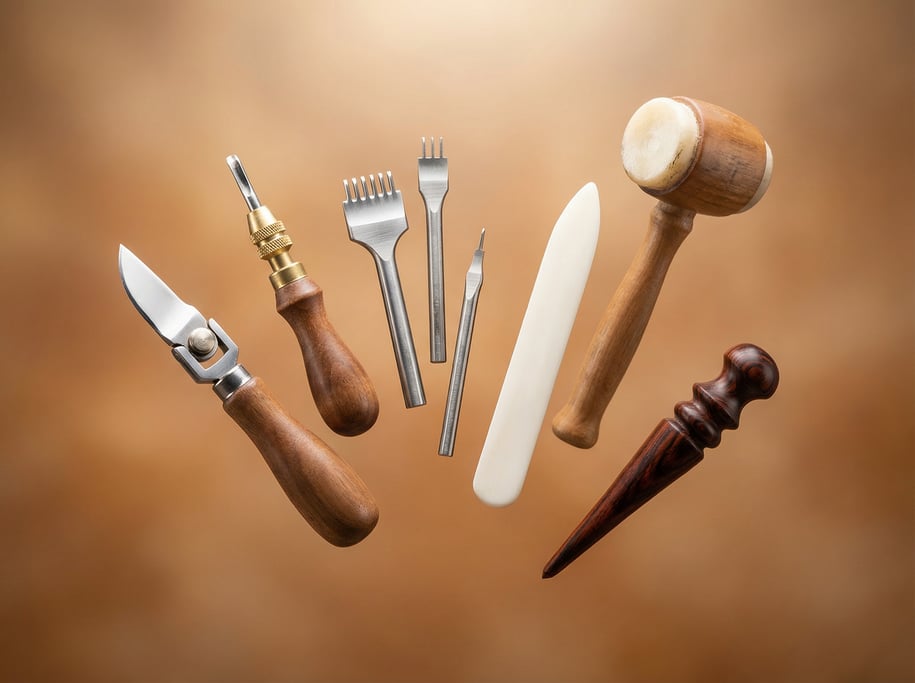 Leather crafting tools floating in an artisan spread — a swivel knife with polished steel blade