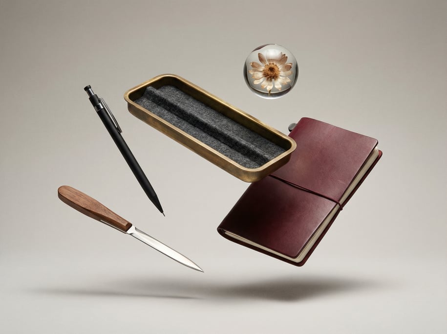 Stationery essentials floating in a desk arrangement — a brass pen tray with felt lining