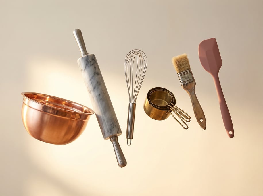 Baking essentials floating as a collection — a copper mixing bowl with rolled rim