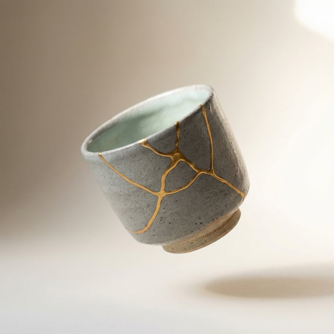 Kintsugi teacup floating at a contemplative angle — a simple yunomi form in rough gray stoneware wit