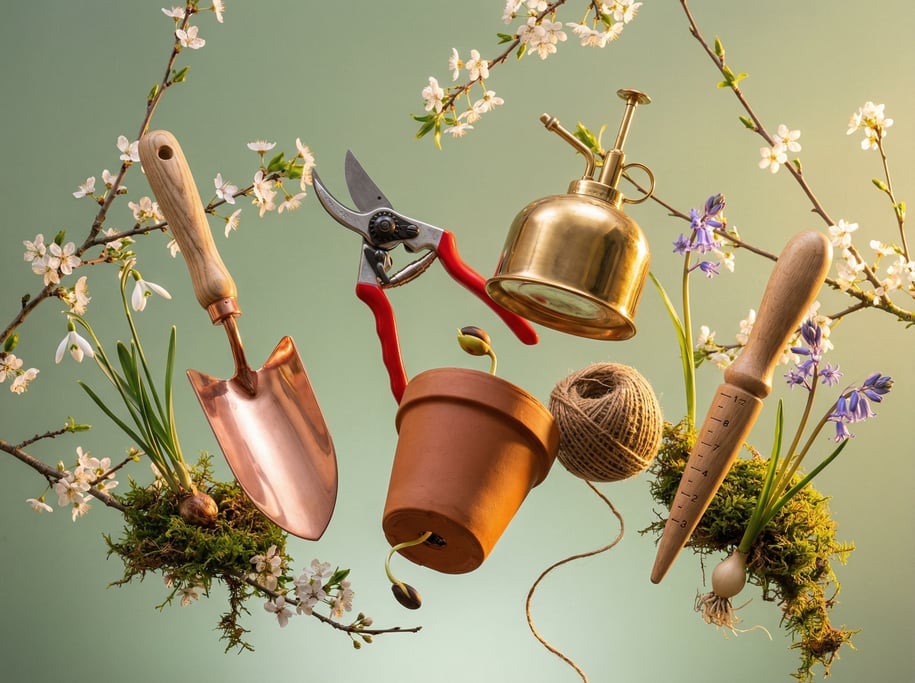 Gardening tools floating in a spring arrangement — a copper hand trowel with ash handle