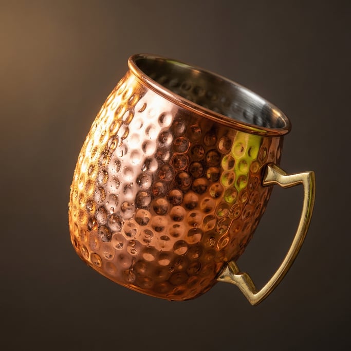 Copper Moscow mule mug floating at a jaunty angle — the hammered copper surface catching light in do