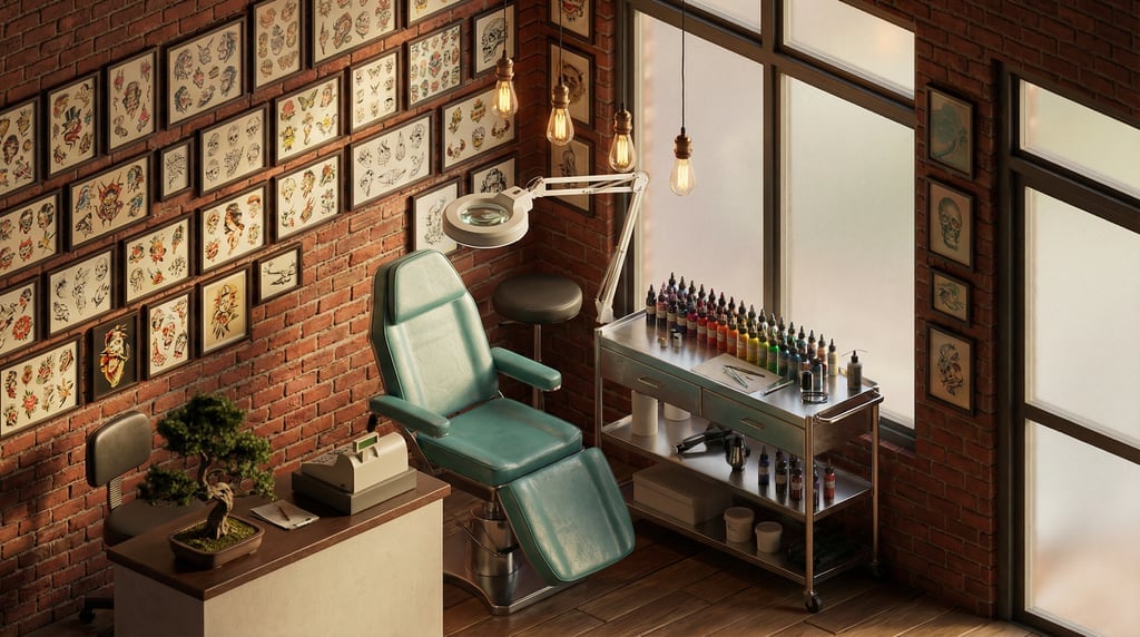 Isometric 3D tattoo parlor interior — a single room seen from above at 45 degrees