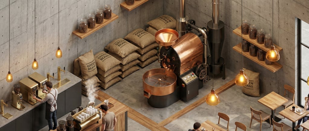 Isometric 3D coffee roastery interior — a wide single room visible from above at 45 degrees