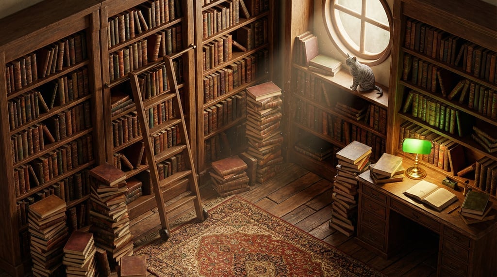 Isometric 3D antique bookstore interior — a cramped and cozy room from above at 45 degrees