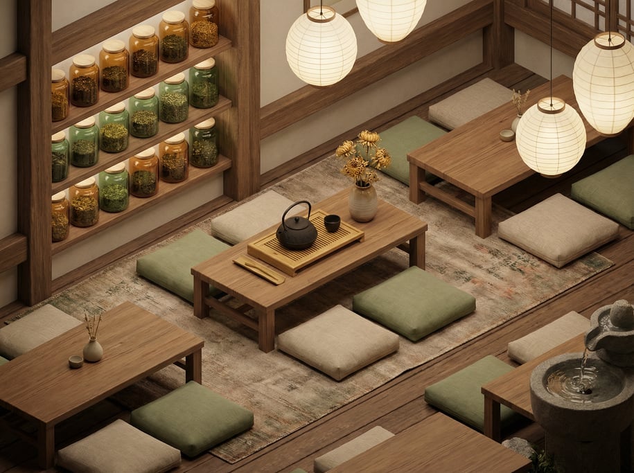 Isometric 3D herbal tea house interior — a serene single room from above at 45 degrees