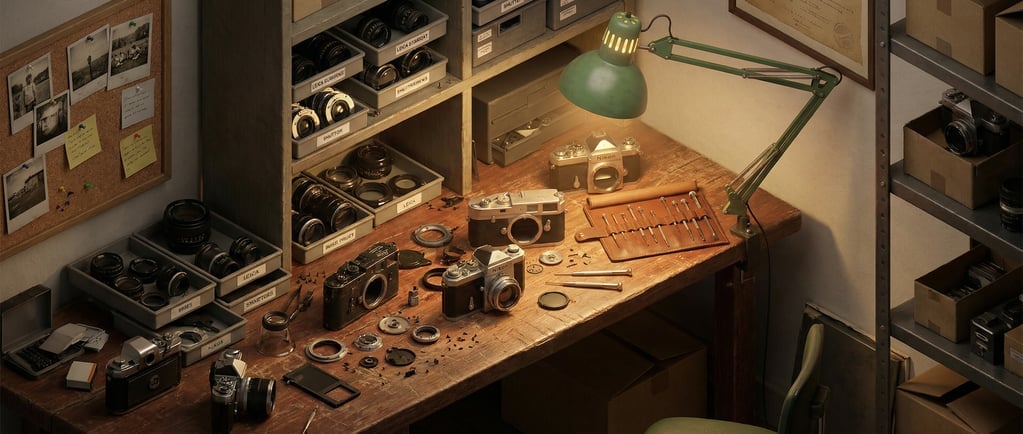 Isometric 3D camera repair shop interior — a cluttered workbench room from above at 45 degrees