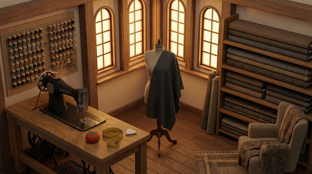 Isometric 3D tailor's workshop interior — a refined room from above at 45 degrees