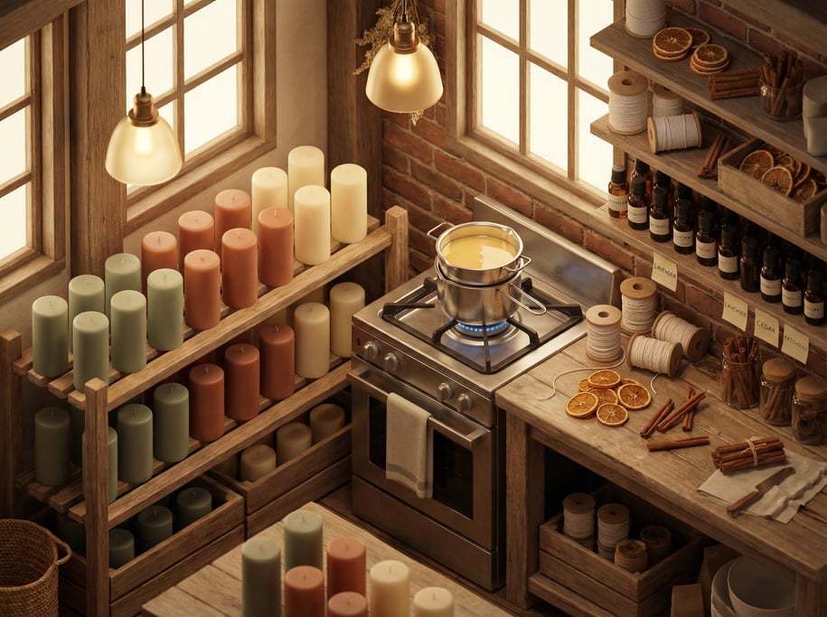 Isometric 3D candle-making studio interior — a warm artisan space from above at 45 degrees
