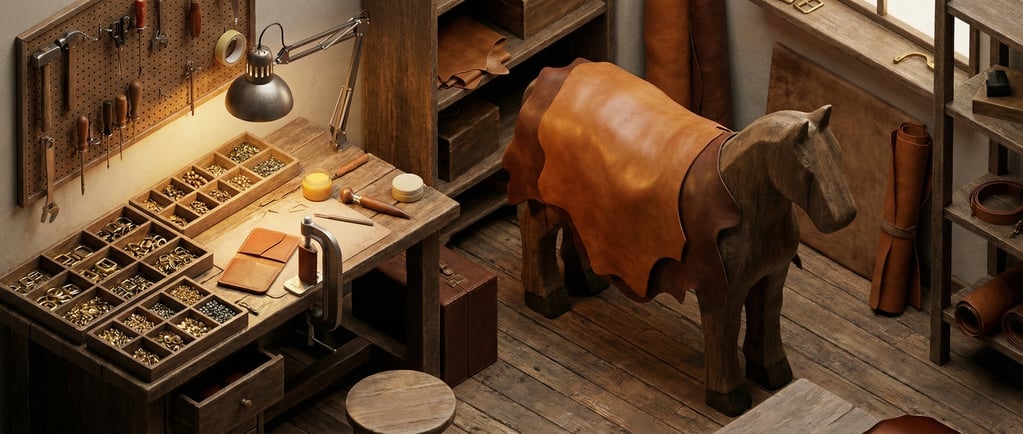 Isometric 3D leather goods workshop interior — a craftsman's room from above at 45 degrees