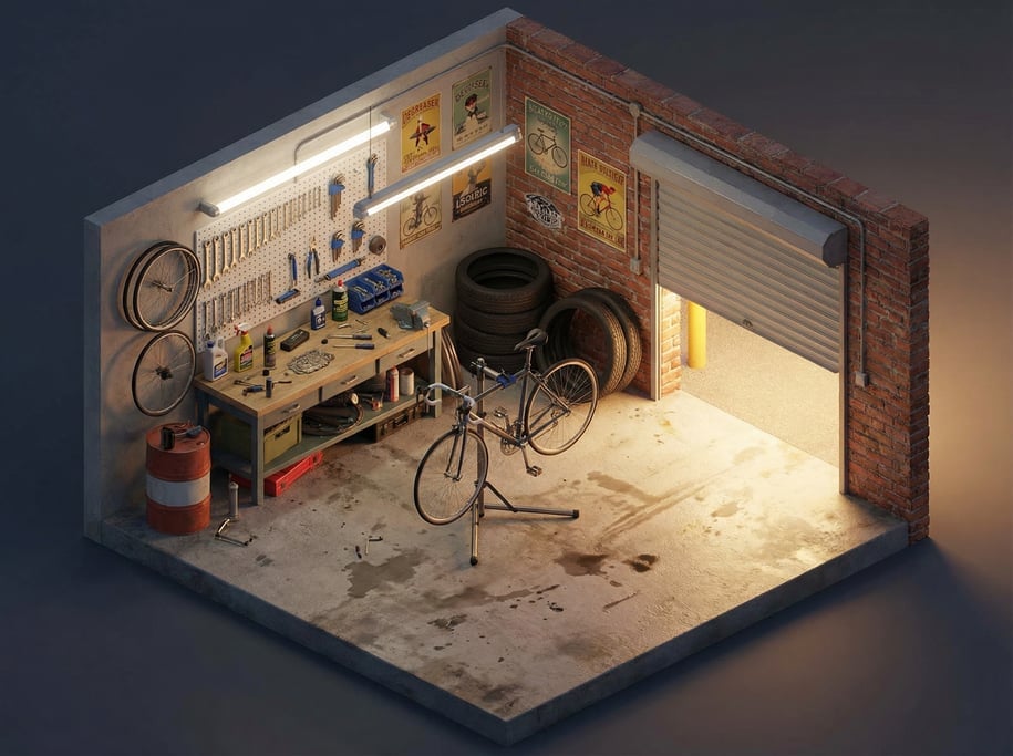 Isometric 3D bicycle repair workshop interior — a utilitarian room from above at 45 degrees