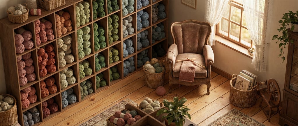 Isometric 3D yarn and knitting shop interior — a cozy room from above at 45 degrees