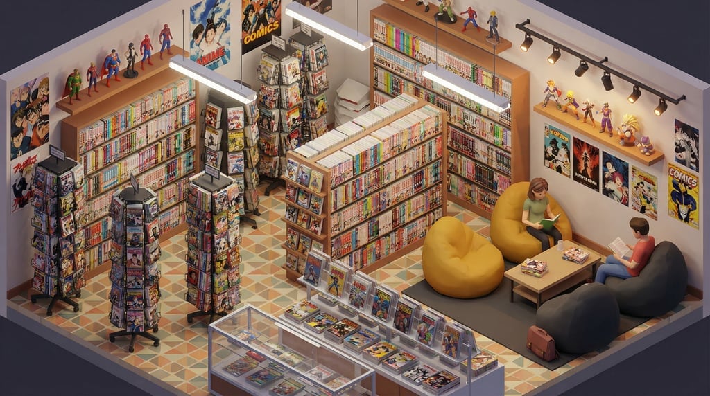 Isometric 3D comics and manga store interior — a vibrant room from above at 45 degrees