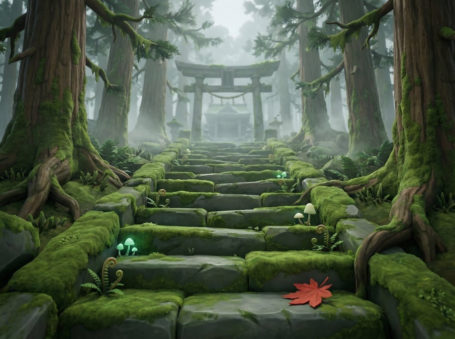 Stylized 3D moss-covered temple steps — ancient stone stairway ascending through a dense forest