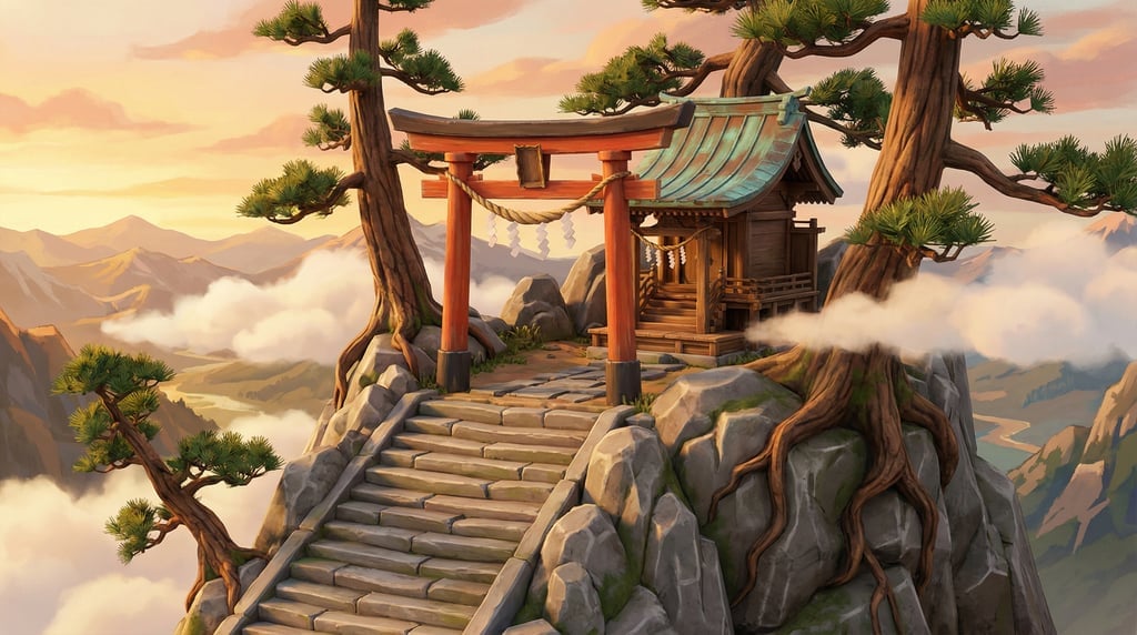 Stylized 3D mountain shrine with torii gate — a vermillion torii gate standing at the summit of ston