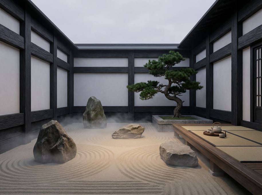 Stylized 3D zen monastery courtyard — a raked sand garden enclosed by dark timber and white plaster