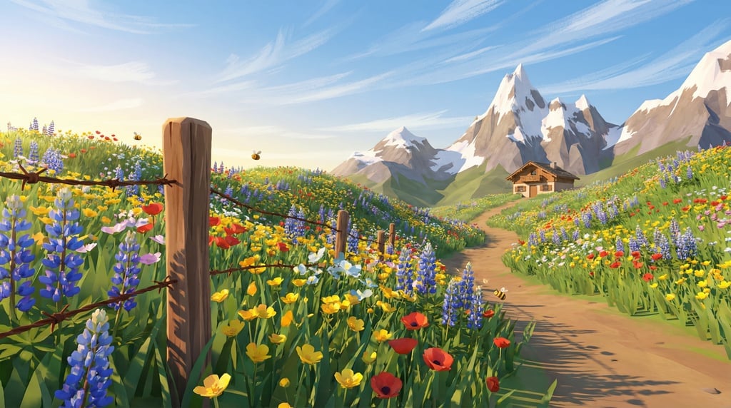 Stylized 3D alpine meadow wildflowers — a sweeping mountain meadow blanketed in lupines