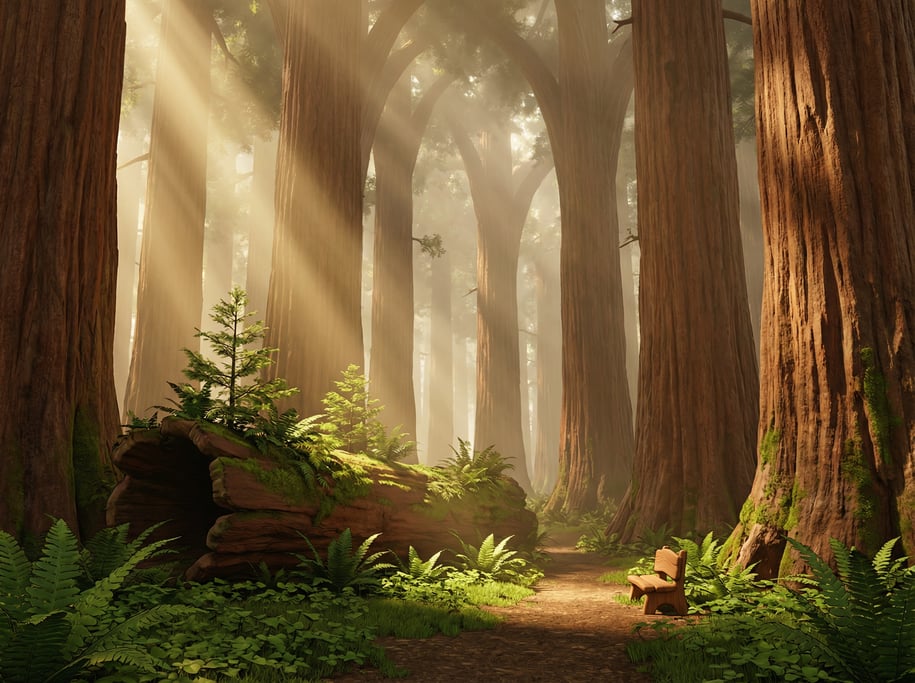 Stylized 3D redwood forest cathedral — towering ancient redwood trunks rising into fog far above