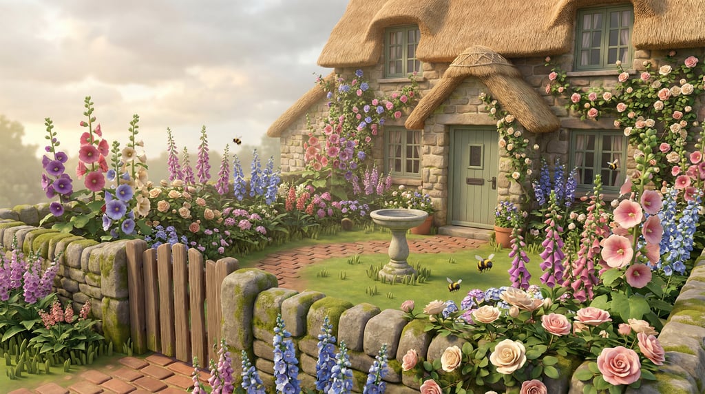 Stylized 3D English cottage garden — a riot of hollyhocks, foxgloves, delphiniums
