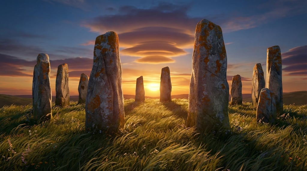Stylized 3D ancient stone circle — weathered standing stones arranged in a perfect circle on a winds