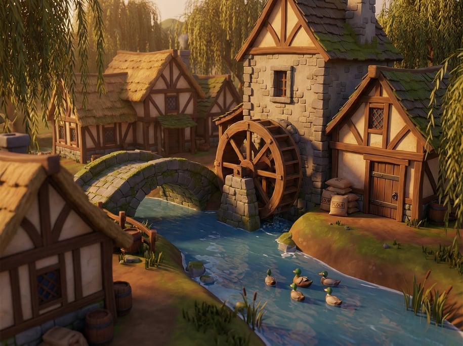 Stylized 3D riverside mill village — a stone water mill with a large wooden wheel turning slowly in