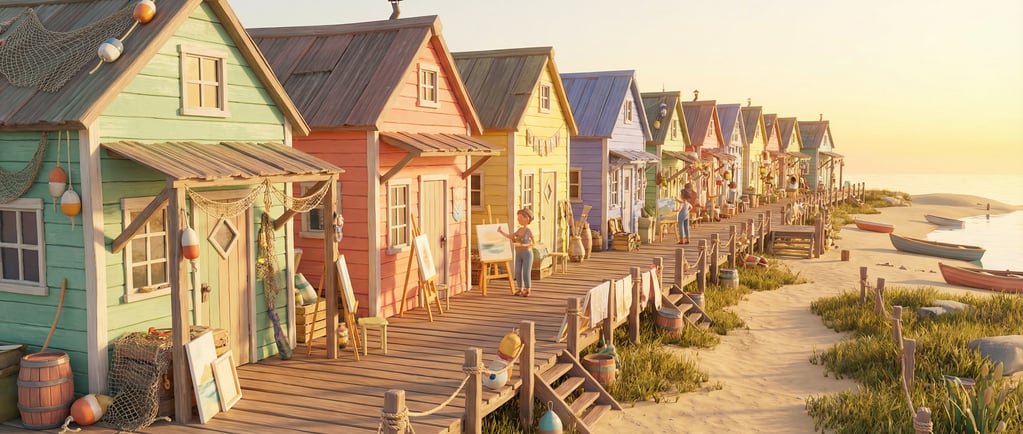 Stylized 3D seaside artist colony — a wide panoramic row of converted fisherman's shacks repurposed