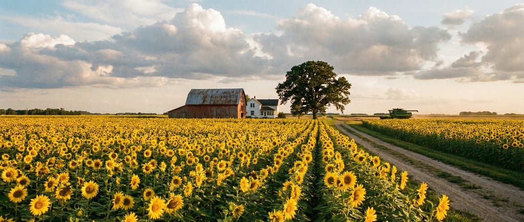 Panoramic 3D sunflower field farmhouse — a wide scene of a vast sunflower field in full bloom stretc