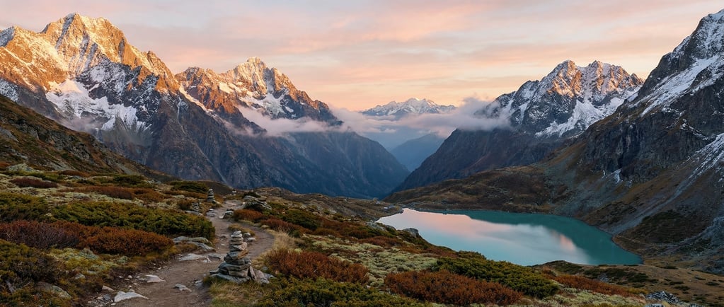 Panoramic 3D mountain pass at dawn — a wide high-altitude pass between two rugged peaks