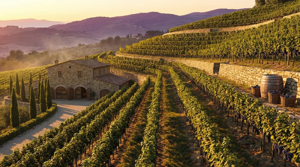 Panoramic 3D terraced vineyard at golden hour — orderly rows of grapevines heavy with dark fruit cli