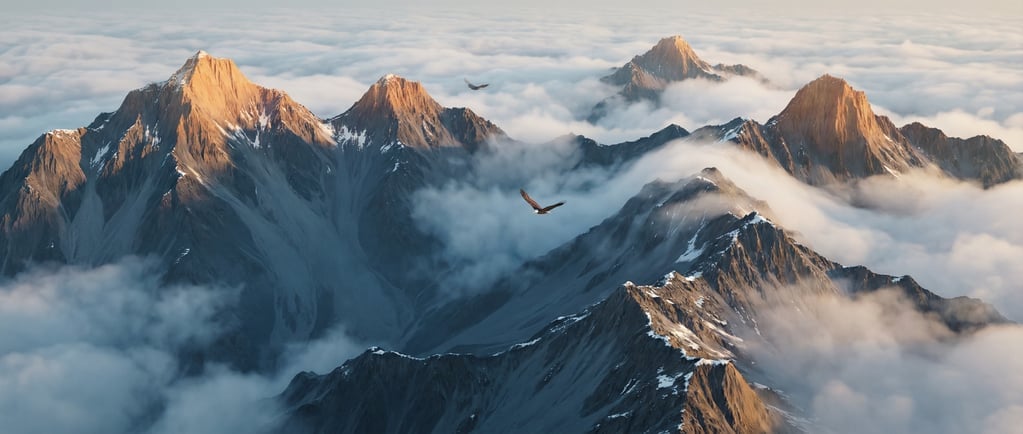 Panoramic 3D misty mountain peaks — a wide range of jagged peaks rising above a sea of clouds