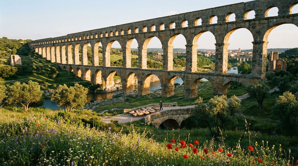 Panoramic 3D ancient Roman aqueduct — a majestic multi-tiered stone aqueduct stretching across a gre