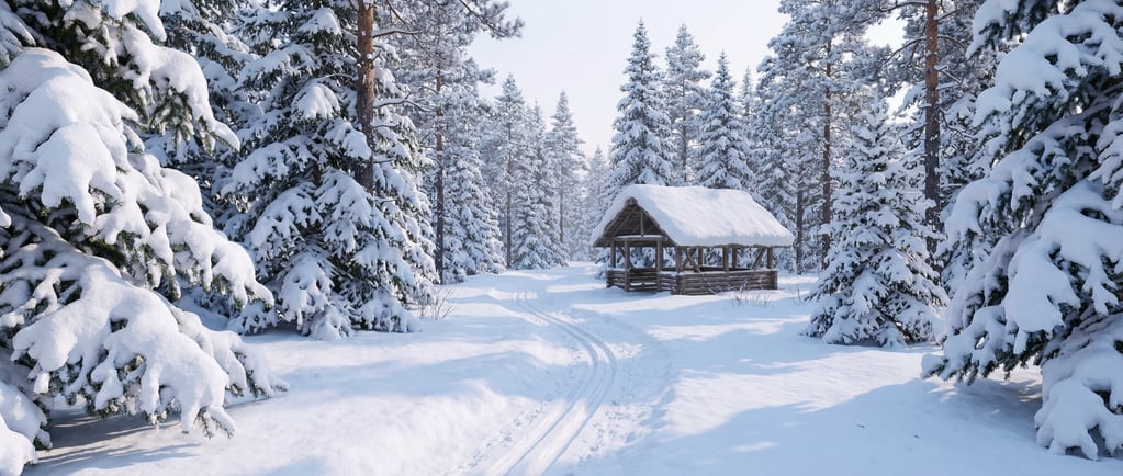 Panoramic 3D snow-covered pine forest — a wide scene of dense coniferous forest blanketed in deep fr