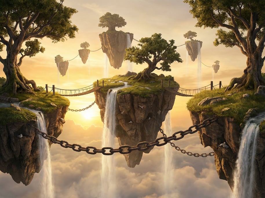 Panoramic 3D floating rock archipelago — a chain of massive earth-and-stone islands hovering in a go