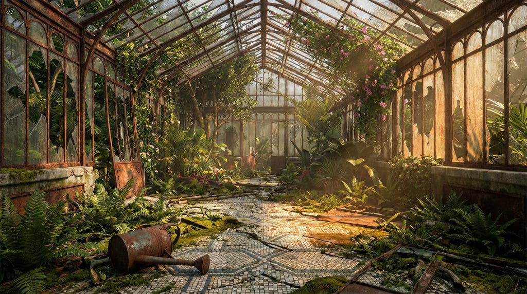 Panoramic 3D abandoned greenhouse reclaimed by nature — a Victorian iron-and-glass greenhouse with m