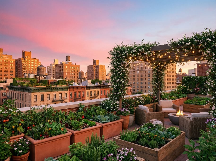 Panoramic 3D rooftop garden cityscape — a lush rooftop terrace garden in the foreground with raised