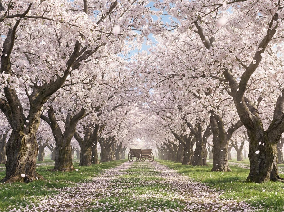 Panoramic 3D cherry orchard in bloom — rows of cherry trees in full white-and-pink blossom creating