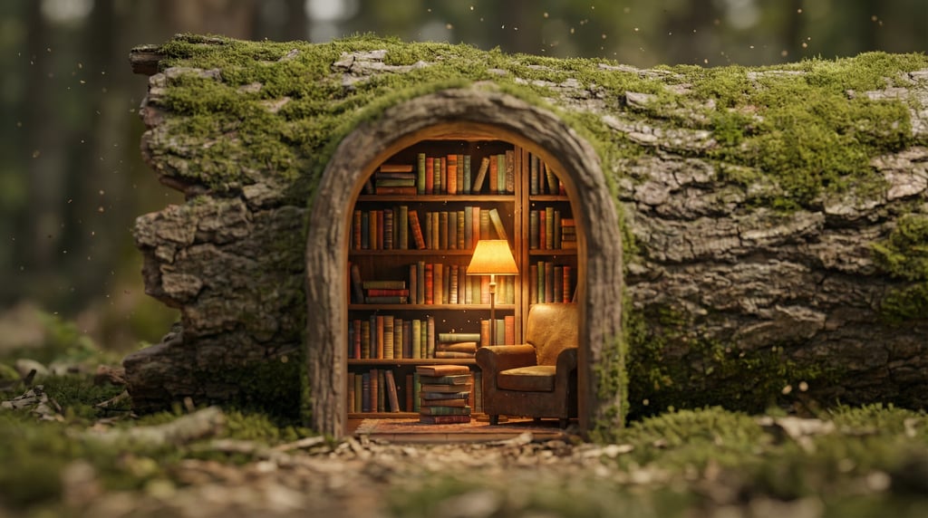 Ground-level 3D render of a tiny bookshop nestled inside a hollowed-out log — camera at bark-surface